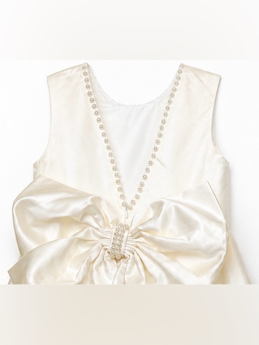 Ivory/Off White Satin Flower Girl Dress Pearl Trim Bow Back V Neck Size 8 - Picture 6 of 16